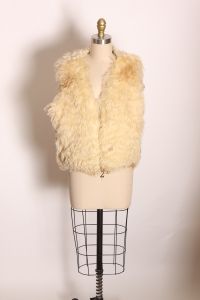 1970s Cream and Tan Mongolian Lamb Fur Sleeveless Tapestry Side Vest  - Fashionconservatory.com