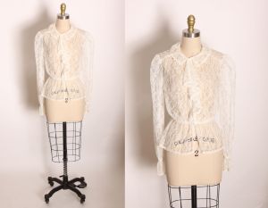 1970s White Sheer Lace Long Sleeve Ruffle Bodice Button Up Blouse 