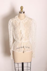 1970s White Sheer Lace Long Sleeve Ruffle Bodice Button Up Blouse  - Fashionconservatory.com
