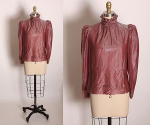1970s Dark Pink Metallic Hue Long Sleeve High Collared Button Up Neck Blouse by That’s It California