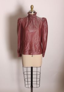 1970s Dark Pink Metallic Hue Long Sleeve High Collared Button Up Neck Blouse by That’s It California - Fashionconservatory.com