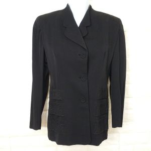 Vintage 40s Blazer Suit Coat Ladies-M(8/10) Power Shoulder Embellished Piping Button-up Black