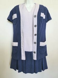 Vintage 1960's Mod Mini Lavender Purple and Navy Blue Color Block Dress and Short Sleeve Jacket Set  - Fashionconservatory.com