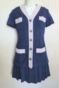 Vintage 1960's Mod Mini Lavender Purple and Navy Blue Color Block Dress and Short Sleeve Jacket Set 