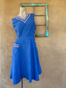 1950s Blue Cotton Dress Buttons Down Side Sz M W29 - Fashionconservatory.com