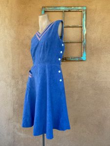 1950s Blue Cotton Dress Buttons Down Side Sz M W29