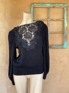 1980s Oversized Black Sweater Sheer Lace Decolletage Sz M L