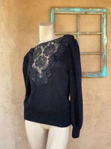 1980s Oversized Black Sweater Sheer Lace Decolletage Sz M L - Fashionconservatory.com