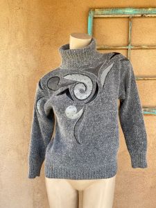 1980s Gray Turtleneck Sweater with Applique and Beads Sz S