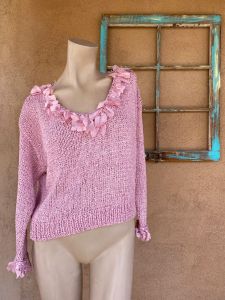 1990s Pink Ribbon Knit Sweater Rayon Blend Sz S M