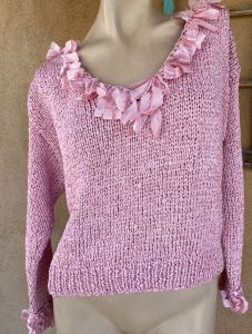 1990s Pink Ribbon Knit Sweater Rayon Blend Sz S M - Fashionconservatory.com