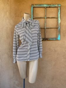 1970s Polyester Bow Blouse with Chain Link Print Sz S