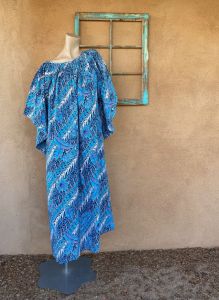 1970s Floral Batik Print Maxi Dress w Angel Sleeves OS