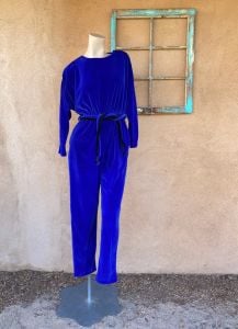 1980s Blue Velour Jumpsuit Shoulder Buttons Sz M