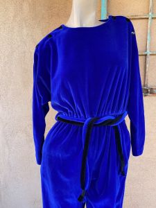 1980s Blue Velour Jumpsuit Shoulder Buttons Sz M - Fashionconservatory.com