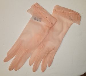 Unworn Vintage 1940s 50s Sheer Pink Nylon Gloves Unique Cuff Detail Made in Germany US Zone sz 7