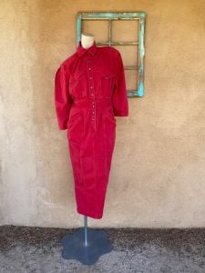 1980s Red Denim Dress Big Shoulders Karen Alexander Sz S M