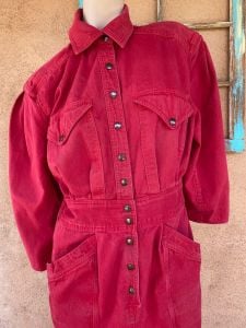 1980s Red Denim Dress Big Shoulders Karen Alexander Sz S M - Fashionconservatory.com