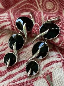 1980s Modernist Trifari Earrings Black Enamel Clip On