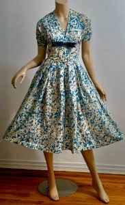 Vtg 50s petit fleurs Nylon fit& flare dress Velour kitten Bow/ Belt - Fashionconservatory.com