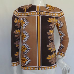Floral Color Block Tunic, S, Brown/Yellow, Long sleeves, Neck Zip, 60s
