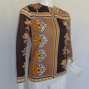 Floral Color Block Tunic, S, Brown/Yellow, Long sleeves, Neck Zip, 60s - Fashionconservatory.com