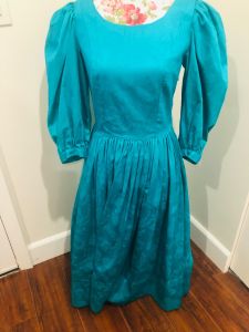 Authentic 1980s Era Vintage Laura Ashley Ever-Green Maxi With Puffed Shoulders And Sleeves - Fashionconservatory.com
