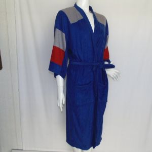 Velour Robe, OS, Colorblock, Sash belt, Pockets, 3/4 sleeves, Blue, Red, Gray - Fashionconservatory.com