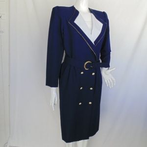 Navy & White Career Dress, Faux Double Breasted, Belt, Shoulder pads, Poly, Long Sleeve - Fashionconservatory.com