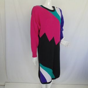 Leslie Fay Sweater Dress, L, 80s Color Block, Long sleeves, Cotton, Shoulder pads - Fashionconservatory.com