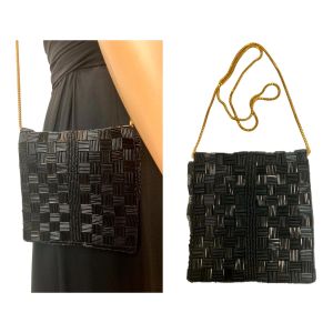 Vintage Black & Gold Beaded Evening Bag  | Disco Gold Chain Small Square Shoulder Bag 