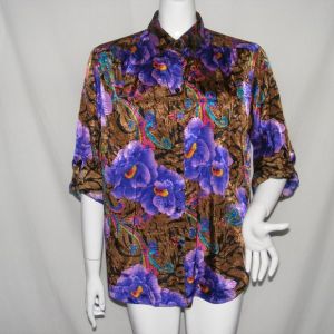 Maygene Blouse, L/XL, Colorful Floral Print, Buttons, Long sleeve,  - Fashionconservatory.com