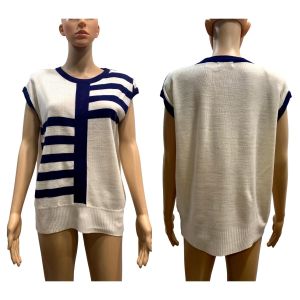 80s Chic White & Navy Blue Sleeveless Sweater Vest Tunic | Oversized S