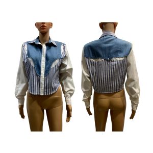 90s Blue & White Denim Crop Western Shirt - Fashionconservatory.com