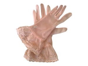 Vintage Sheer Pink Gloves Eyelet Trim Comet 7 1/2
