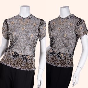 1930s Vintage Top, Sheer Beaded Blouse, Size Medium