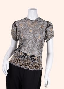 1930s Vintage Top, Sheer Beaded Blouse, Size Medium - Fashionconservatory.com