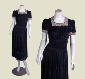 1930s New York Creation Black Velvet Dress with Puffed Sleeves, Lace Trim and Ruffle at Hem