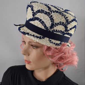 White and Navy Blue Squiggle Pattern Vintage 60s Mod Era Hat