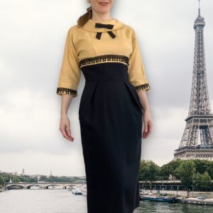 Vintage 50s Blonde Yellow with Black Dress Ellen Kaye S XS 