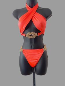 Coral Wrap Front Jeweled Bikini with Rhinestones