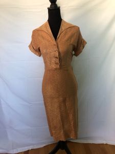 1950s fitted salmon gold lame dress