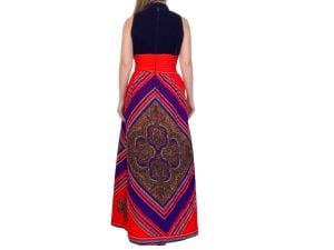 Hippie Maxi Dress Purple Velvet Red Quilted Print Long Sleeveless Vintage 70s XS S - Fashionconservatory.com