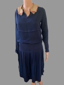 Antique 20s Dress Vintage School Dark Blue Long Sleeve XS - Fashionconservatory.com