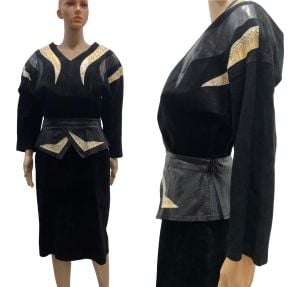 80s Black Suede Leather & Snakeskin Batwing Peplum Dress