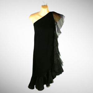 Adele Simpson Couture Cocktail Dress Black Wool with Organza Ruffles One Shoulder and Hi-Lo Hem 