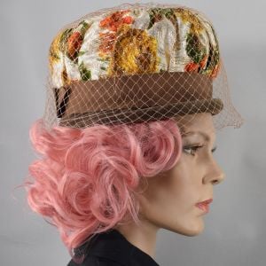 Brown Orange & Metallic Gold Vintage 60s Hat with Veil Netting - Fashionconservatory.com