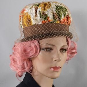 Brown Orange & Metallic Gold Vintage 60s Hat with Veil Netting