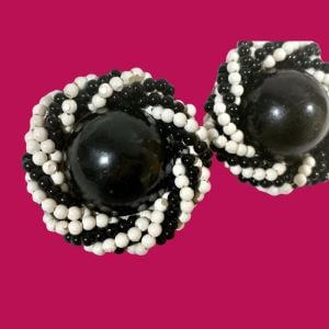 40s 50s Large Beaded Black & White Clip Earrings w Black Domes  - Fashionconservatory.com