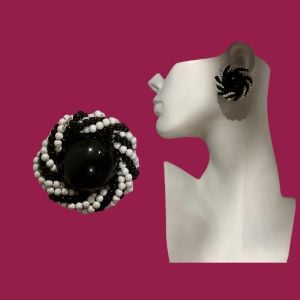 40s 50s Large Beaded Black & White Clip Earrings w Black Domes 